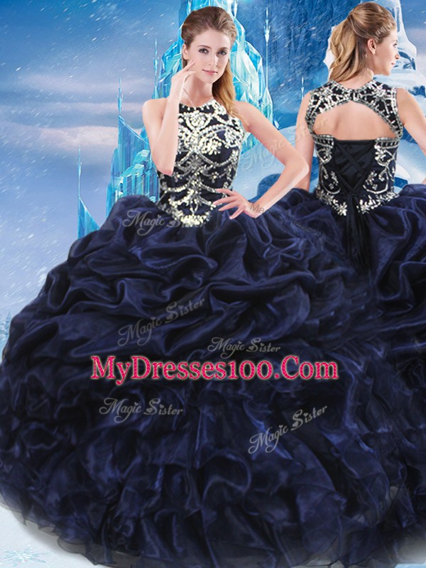Fine Navy Blue Sleeveless Floor Length Appliques and Ruffles and Pick Ups Lace Up 15th Birthday Dress