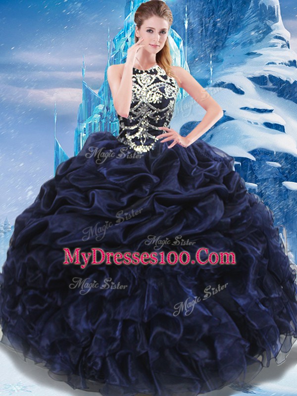 Fine Navy Blue Sleeveless Floor Length Appliques and Ruffles and Pick Ups Lace Up 15th Birthday Dress