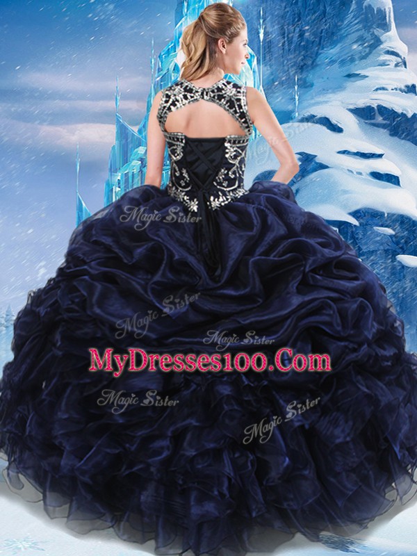 Fine Navy Blue Sleeveless Floor Length Appliques and Ruffles and Pick Ups Lace Up 15th Birthday Dress