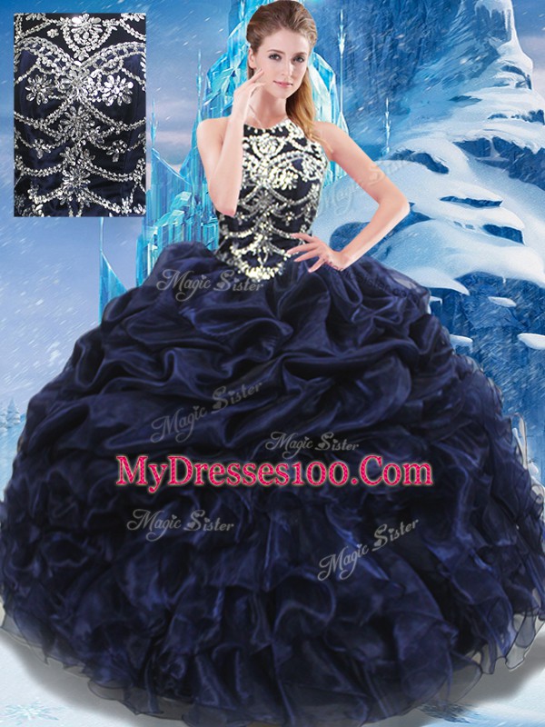 Fine Navy Blue Sleeveless Floor Length Appliques and Ruffles and Pick Ups Lace Up 15th Birthday Dress