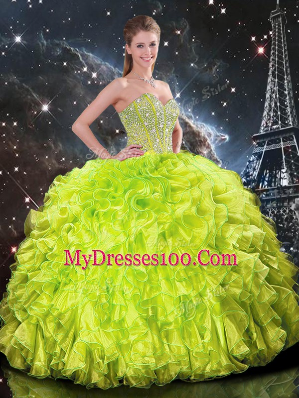Sweetheart Sleeveless Lace Up Quinceanera Dress Yellow Green Organza