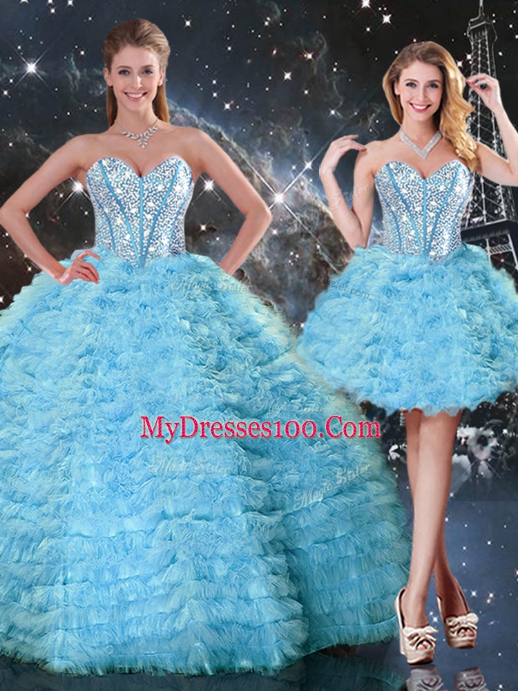 Fine Aqua Blue Tulle Lace Up Sweetheart Sleeveless Floor Length Quinceanera Dresses Beading and Ruffled Layers