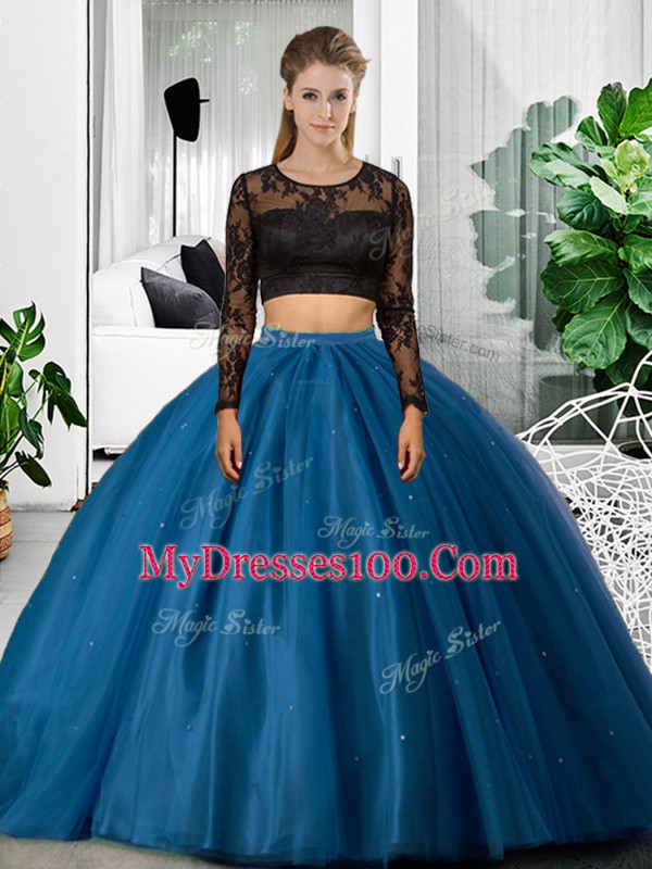 Top Selling Blue Tulle Backless Scoop Long Sleeves Floor Length 15th Birthday Dress Lace and Ruching