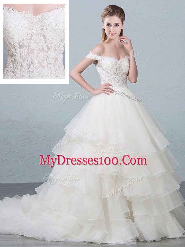 Artistic Organza Off The Shoulder Sleeveless Brush Train Lace Up Lace and Ruffled Layers Wedding Dress in White