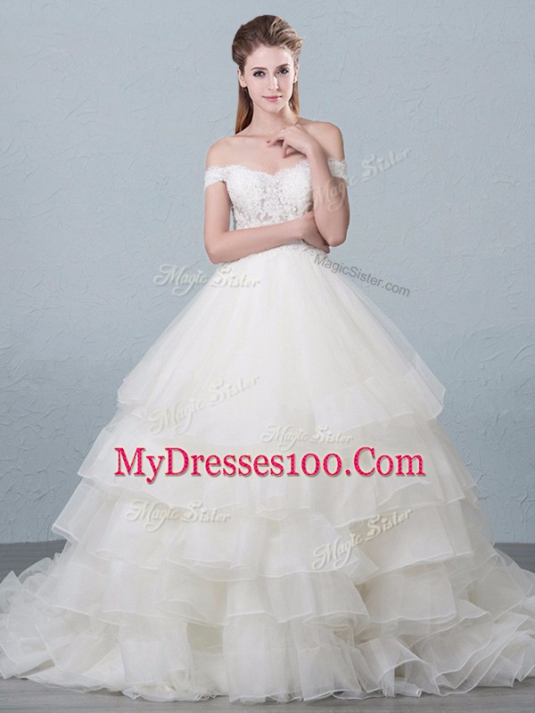 Artistic Organza Off The Shoulder Sleeveless Brush Train Lace Up Lace and Ruffled Layers Wedding Dress in White