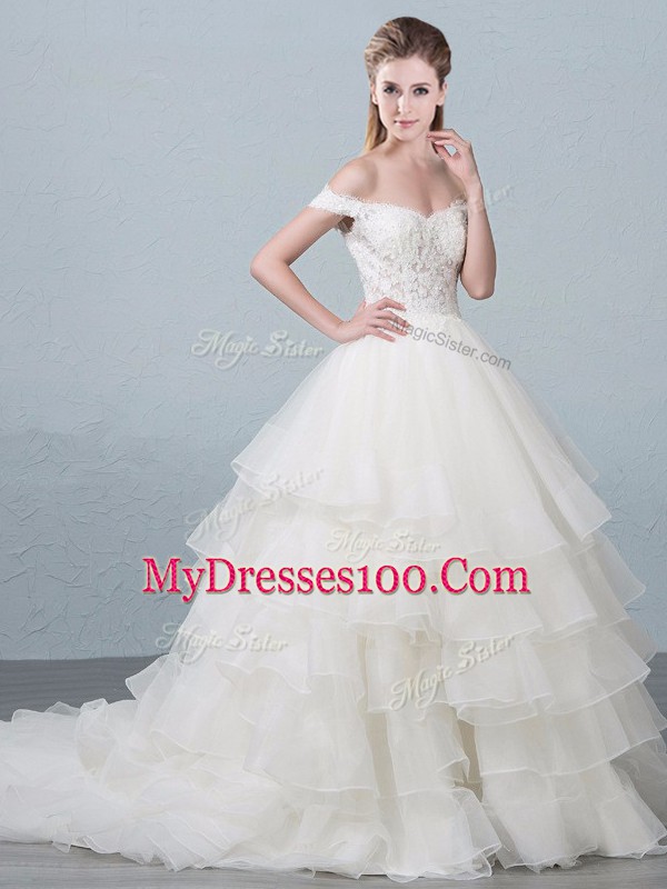 Artistic Organza Off The Shoulder Sleeveless Brush Train Lace Up Lace and Ruffled Layers Wedding Dress in White