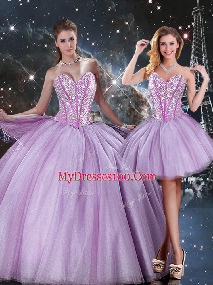 Lavender Sleeveless Floor Length Beading Lace Up 15th Birthday Dress
