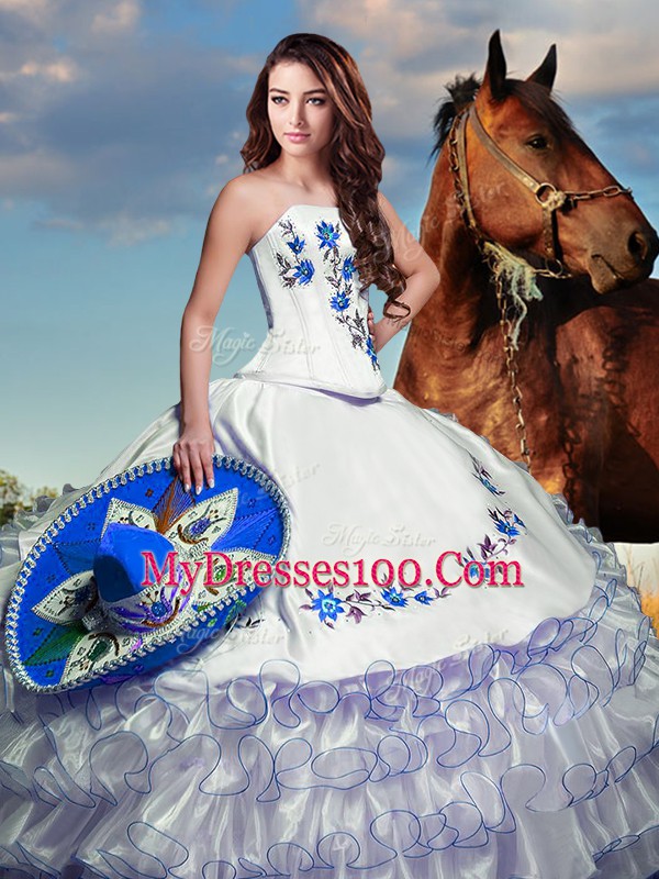 Long Sleeves Floor Length Embroidery and Ruffled Layers Lace Up Vestidos de Quinceanera with White