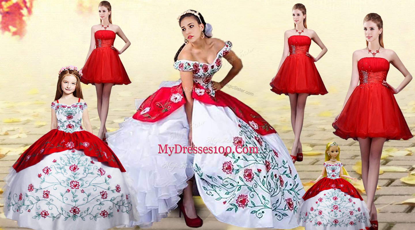 New Arrival White And Red Lace Up Off The Shoulder Embroidery and Ruffled Layers Vestidos de Quinceanera Organza and Taffeta Sleeveless Brush Train