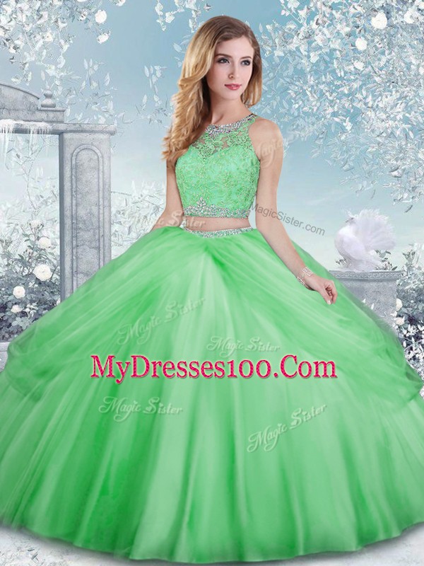Sleeveless Clasp Handle Floor Length Beading and Lace Ball Gown Prom Dress