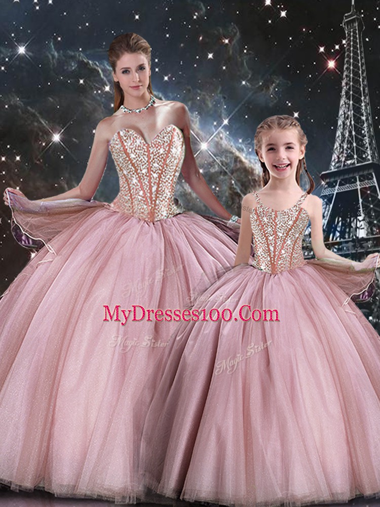 Fitting Pink Tulle Lace Up 15 Quinceanera Dress Sleeveless Floor Length Beading