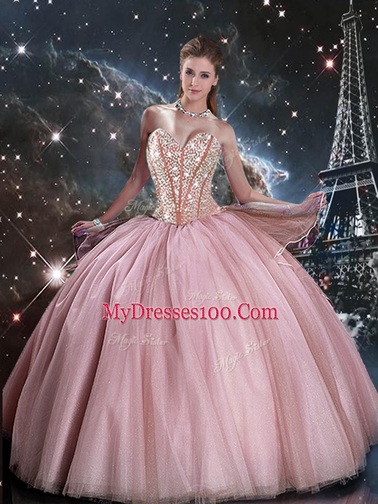 Fitting Pink Tulle Lace Up 15 Quinceanera Dress Sleeveless Floor Length Beading