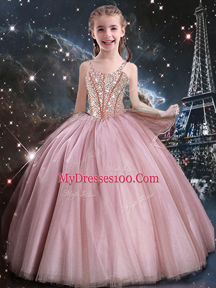 Fitting Pink Tulle Lace Up 15 Quinceanera Dress Sleeveless Floor Length Beading