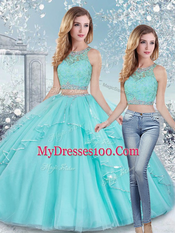 Aqua Blue Sleeveless Tulle Clasp Handle Vestidos de Quinceanera for Military Ball and Sweet 16 and Quinceanera