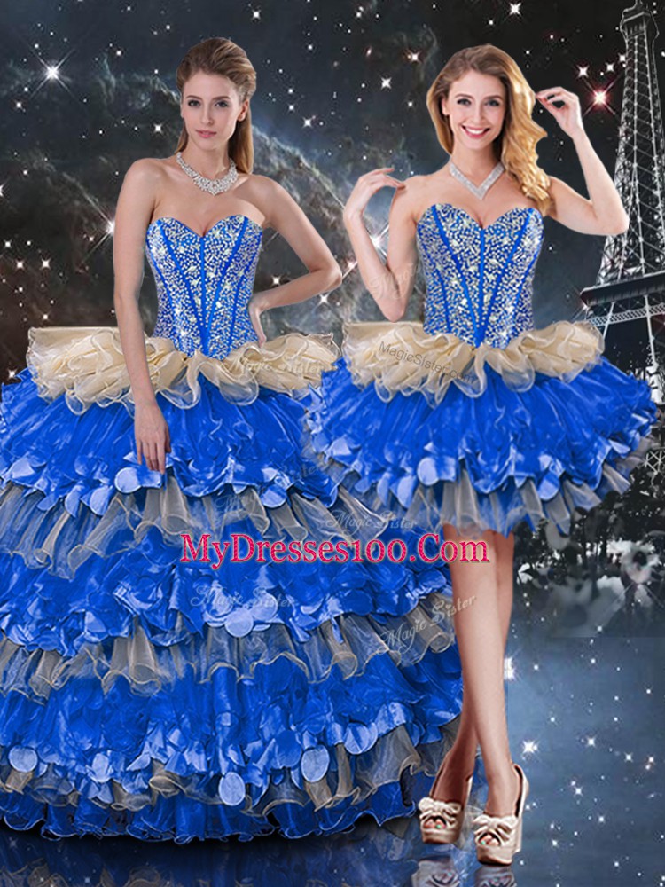 Charming Organza Sweetheart Sleeveless Lace Up Beading and Ruffles and Ruffled Layers 15 Quinceanera Dress in Multi-color