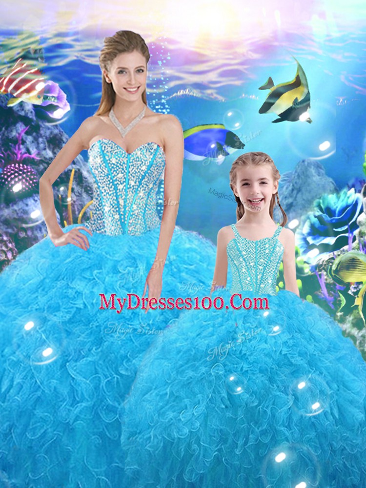 Amazing Baby Blue Sweetheart Neckline Beading and Ruffles Quinceanera Gowns Sleeveless Lace Up