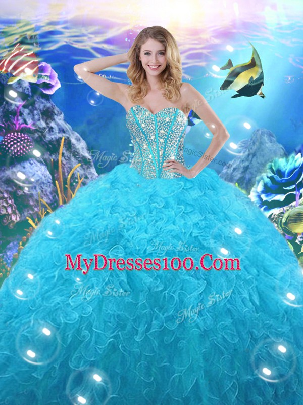 Amazing Baby Blue Sweetheart Neckline Beading and Ruffles Quinceanera Gowns Sleeveless Lace Up
