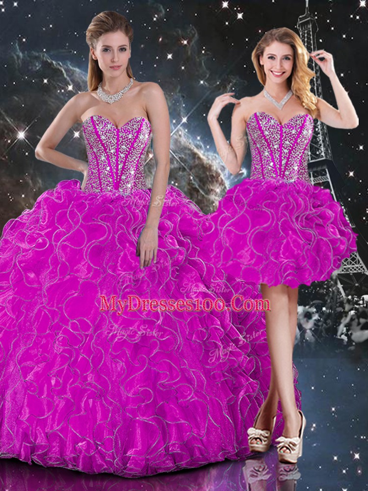 Ball Gowns Quinceanera Dresses Fuchsia Sweetheart Organza Sleeveless Floor Length Lace Up