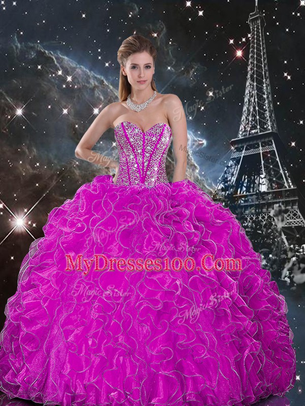 Ball Gowns Quinceanera Dresses Fuchsia Sweetheart Organza Sleeveless Floor Length Lace Up