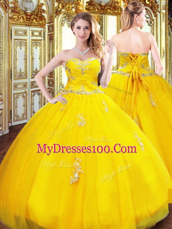 Noble Gold Sweetheart Lace Up Beading and Appliques Ball Gown Prom Dress Sleeveless