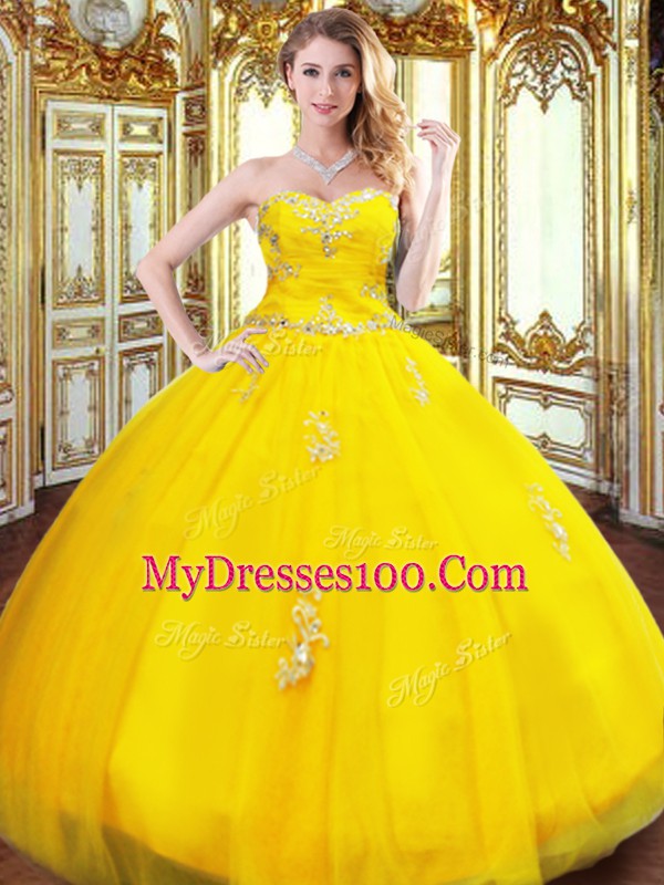 Noble Gold Sweetheart Lace Up Beading and Appliques Ball Gown Prom Dress Sleeveless