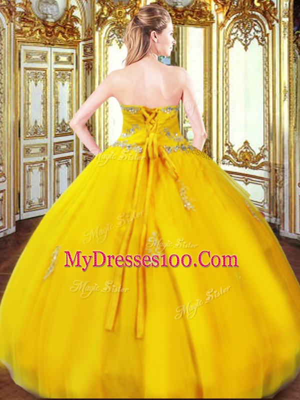Noble Gold Sweetheart Lace Up Beading and Appliques Ball Gown Prom Dress Sleeveless
