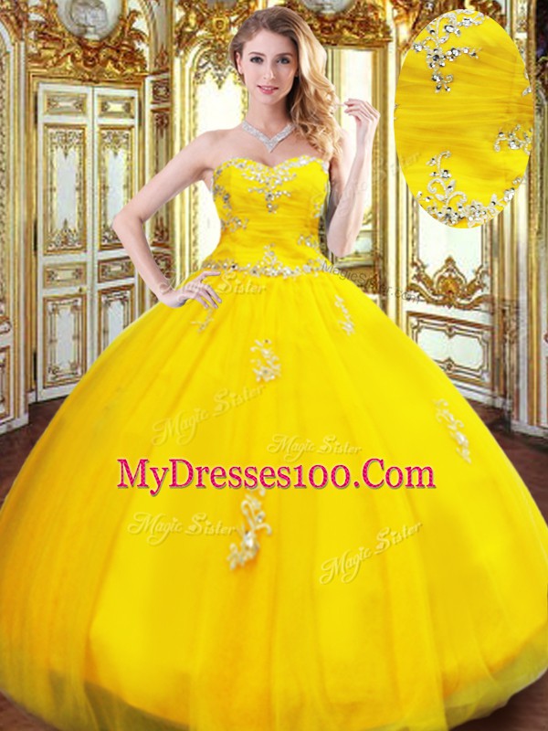 Noble Gold Sweetheart Lace Up Beading and Appliques Ball Gown Prom Dress Sleeveless