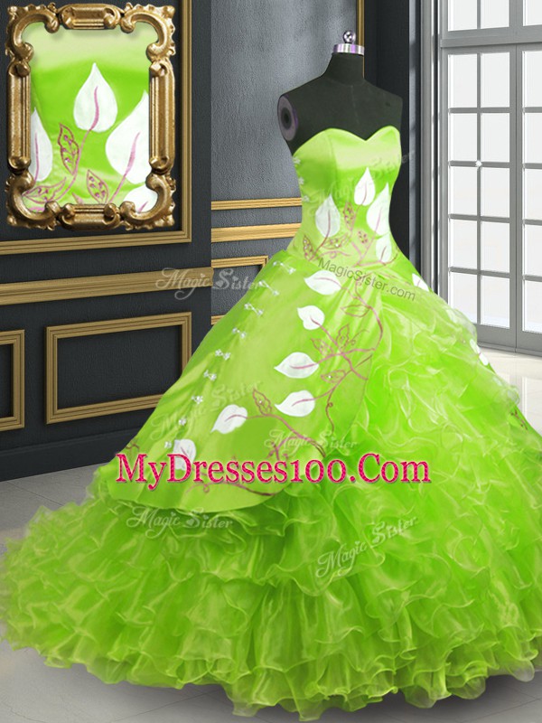 Ball Gowns Organza Sweetheart Sleeveless Embroidery Lace Up Quinceanera Gowns Brush Train