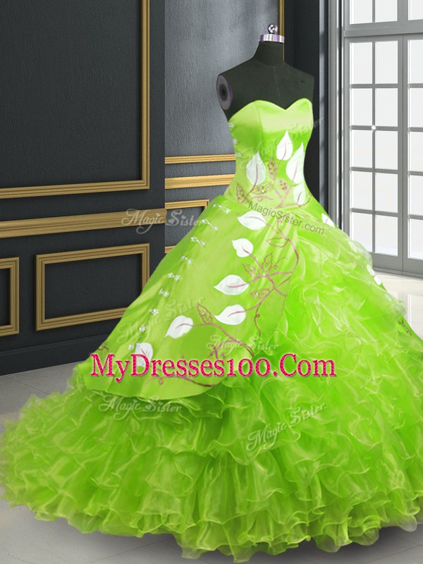Ball Gowns Organza Sweetheart Sleeveless Embroidery Lace Up Quinceanera Gowns Brush Train