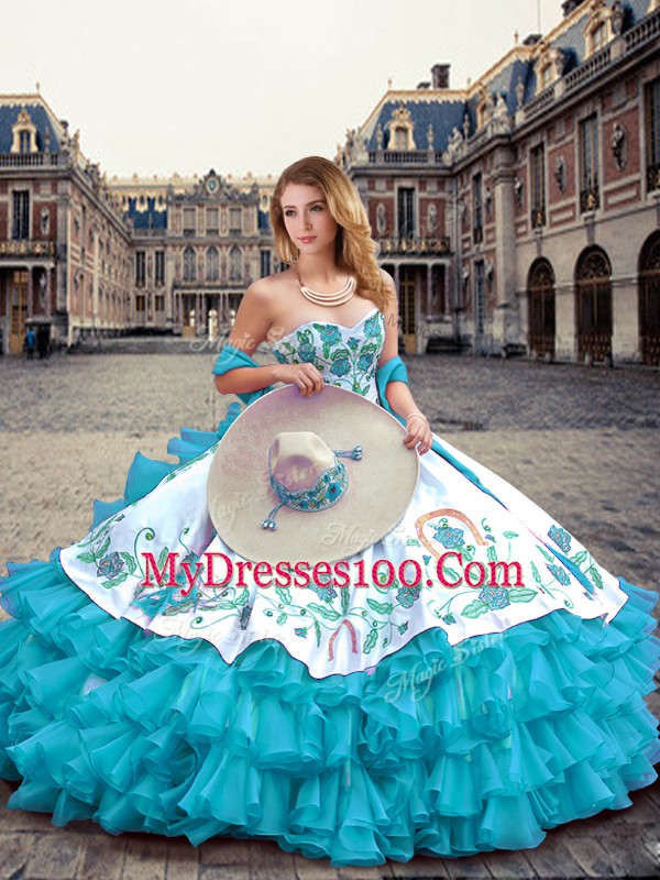 Customized Floor Length Lace Up Quinceanera Dress Blue And White for Military Ball and Sweet 16 and Quinceanera with Embroidery and Ruffled Layers