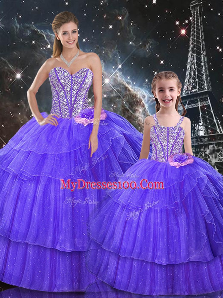 Superior Sweetheart Sleeveless Quinceanera Dress Floor Length Ruffled Layers and Sequins Purple Organza and Tulle