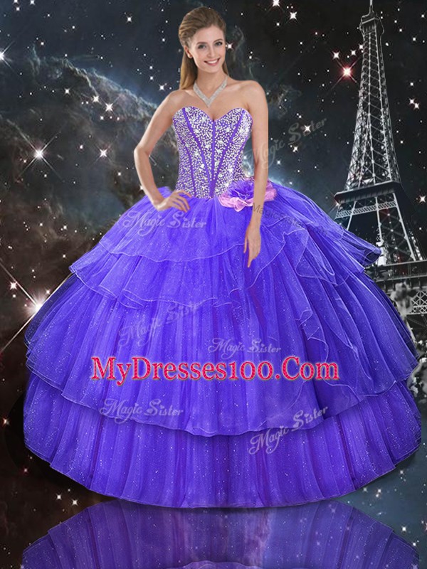 Superior Sweetheart Sleeveless Quinceanera Dress Floor Length Ruffled Layers and Sequins Purple Organza and Tulle