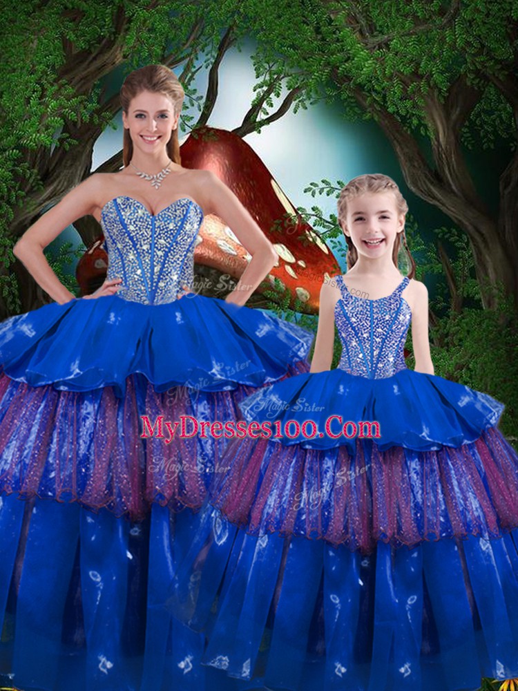 Blue Lace Up Vestidos de Quinceanera Beading and Ruffled Layers Sleeveless Floor Length