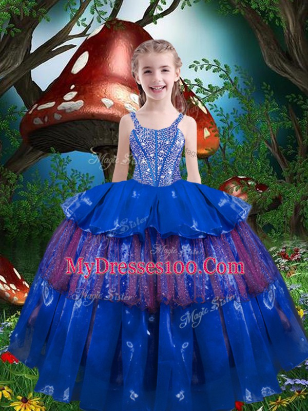 Blue Lace Up Vestidos de Quinceanera Beading and Ruffled Layers Sleeveless Floor Length