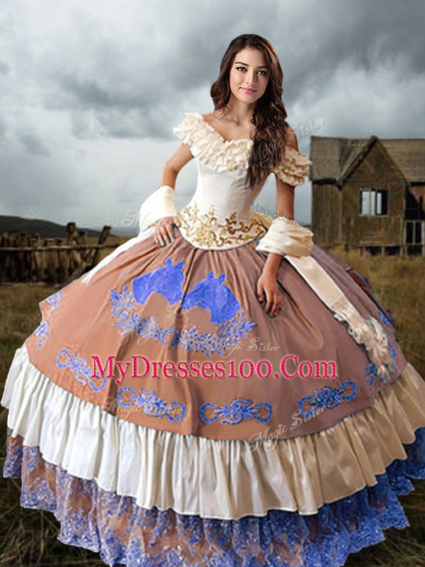 Taffeta Sleeveless 15 Quinceanera Dress Brush Train and Embroidery and Ruffled Layers