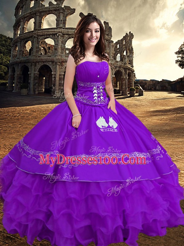 Dazzling Purple Zipper Strapless Embroidery and Ruffled Layers Vestidos de Quinceanera Taffeta Sleeveless