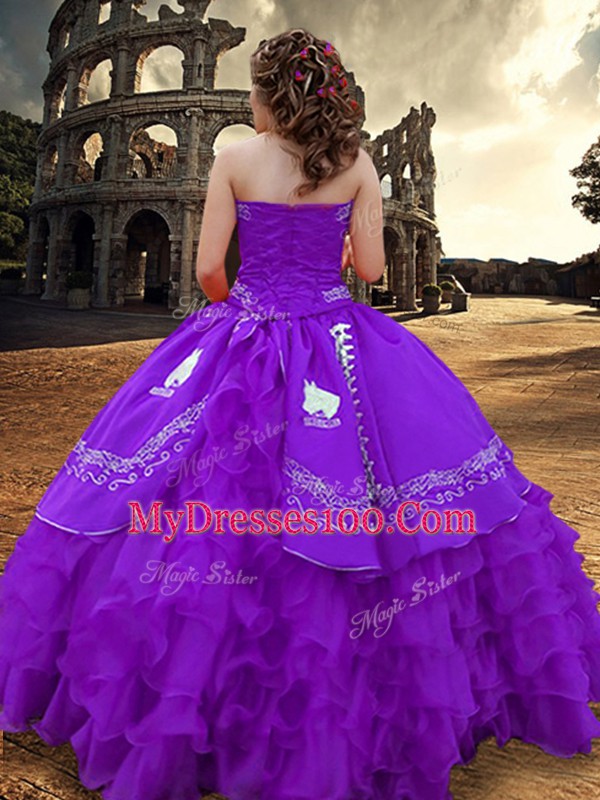 Dazzling Purple Zipper Strapless Embroidery and Ruffled Layers Vestidos de Quinceanera Taffeta Sleeveless