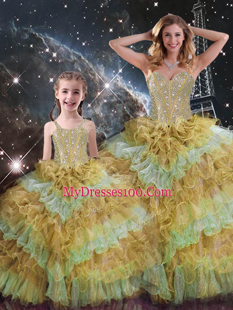 Comfortable Sleeveless Lace Up Floor Length Beading and Ruffled Layers and Sequins Sweet 16 Quinceanera Dress