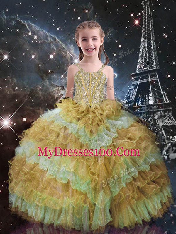 Comfortable Sleeveless Lace Up Floor Length Beading and Ruffled Layers and Sequins Sweet 16 Quinceanera Dress