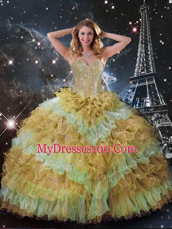 Comfortable Sleeveless Lace Up Floor Length Beading and Ruffled Layers and Sequins Sweet 16 Quinceanera Dress