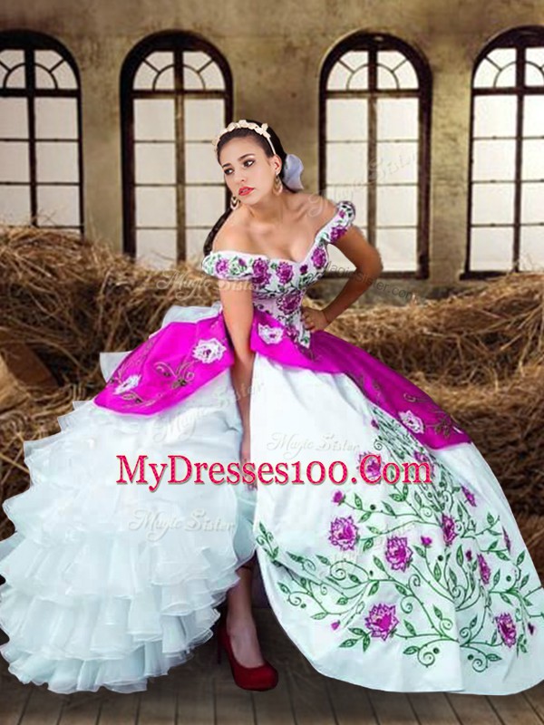 Multi-color Sweet 16 Dress Military Ball and Sweet 16 and Quinceanera with Embroidery and Ruffled Layers Off The Shoulder Sleeveless Lace Up