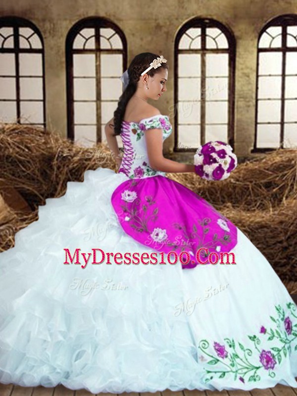 Multi-color Sweet 16 Dress Military Ball and Sweet 16 and Quinceanera with Embroidery and Ruffled Layers Off The Shoulder Sleeveless Lace Up