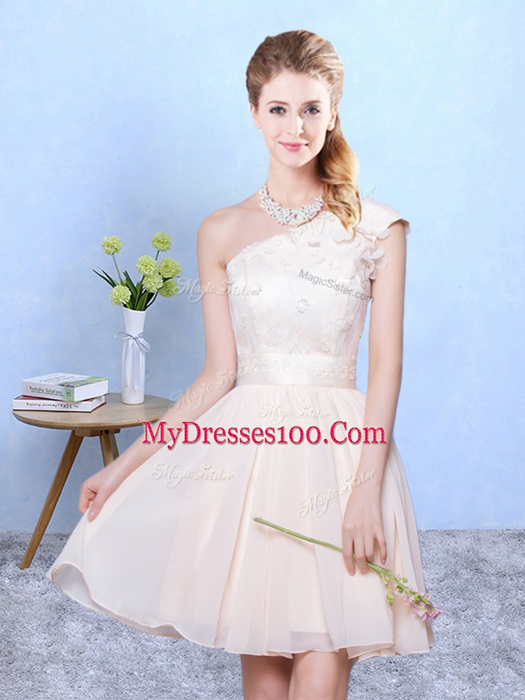 Champagne Lace Up Dama Dress Appliques Cap Sleeves Knee Length