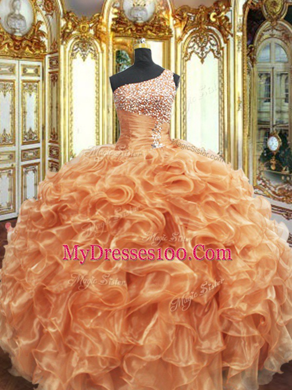 Beading and Ruffles Quinceanera Dress Orange Lace Up Sleeveless Floor Length