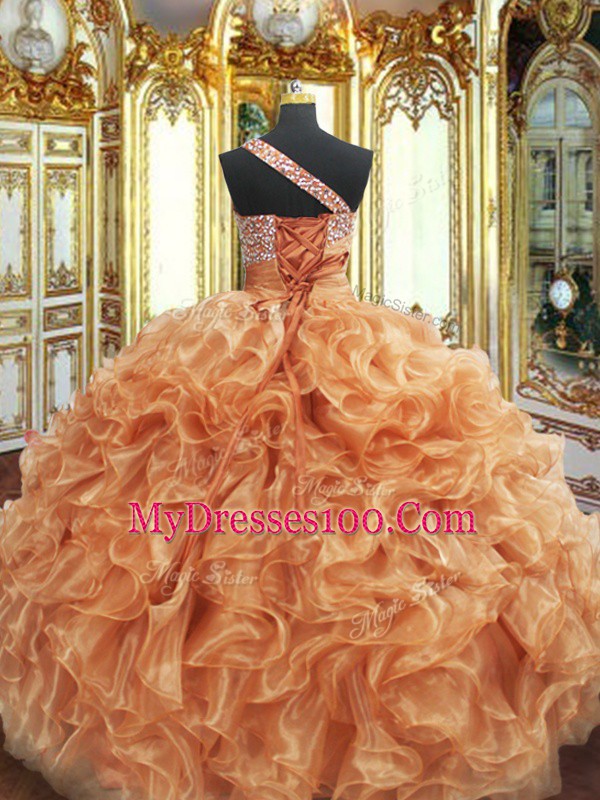 Beading and Ruffles Quinceanera Dress Orange Lace Up Sleeveless Floor Length