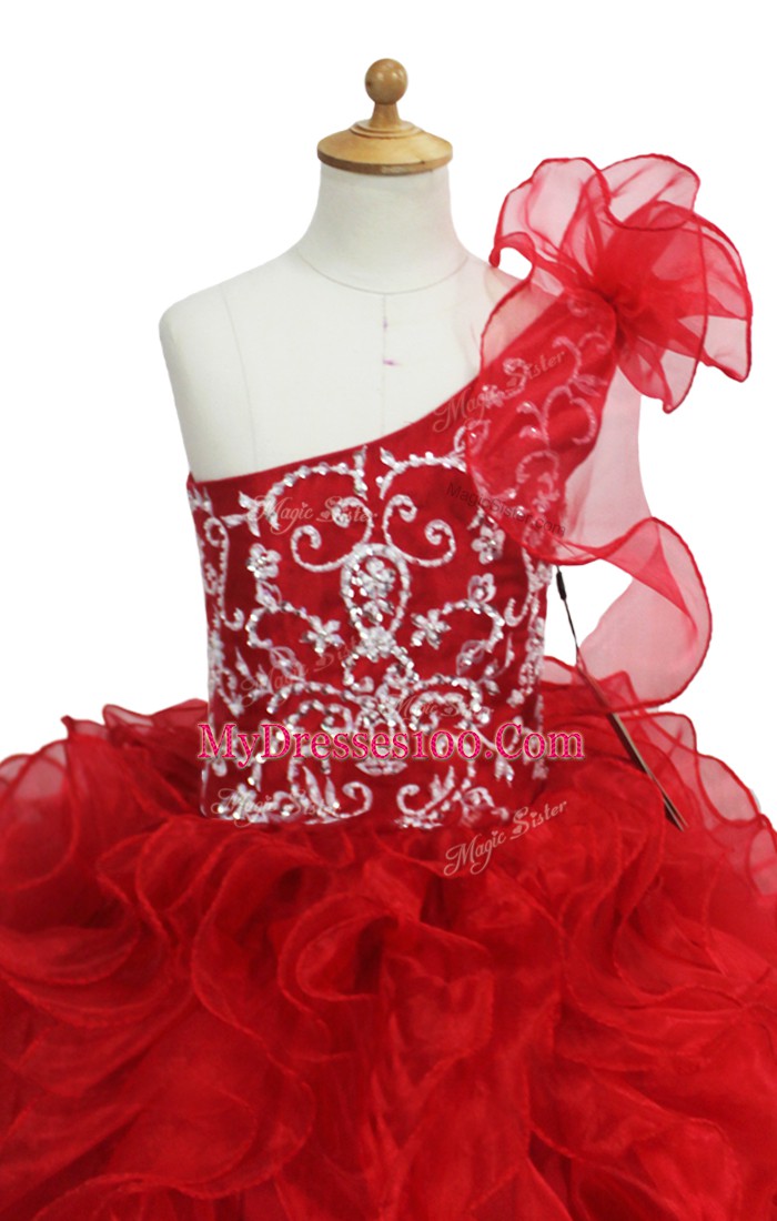 Floor Length Red Little Girl Pageant Dress One Shoulder Sleeveless Lace Up