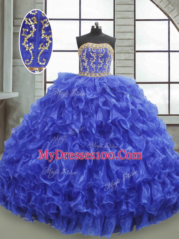 Royal Blue Lace Up Quinceanera Gown Beading and Appliques and Ruffles Sleeveless Floor Length