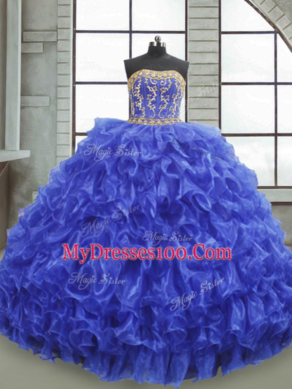Royal Blue Lace Up Quinceanera Gown Beading and Appliques and Ruffles Sleeveless Floor Length