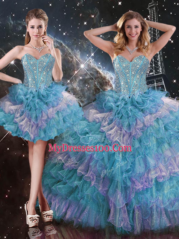 Traditional Multi-color Organza Lace Up Sweet 16 Dresses Sleeveless Floor Length Beading and Ruffled Layers