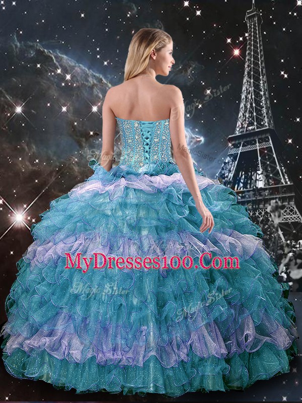 Traditional Multi-color Organza Lace Up Sweet 16 Dresses Sleeveless Floor Length Beading and Ruffled Layers
